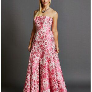 Pamella Roland | Pink and White Strapless Floral Jacquard Gown